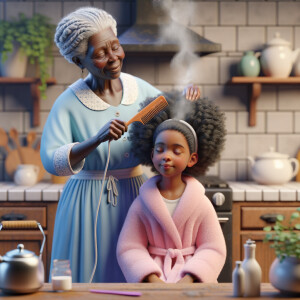 Create a realistic 3-D image of an african-American grandmother wearing a blue house dress and a white apron . She is in the kitchen with her african-American granddaughter. Her granddaughter is wearing a pink bath robe. The grandmother has a hot comb in her hand and she is straightening her granddaughters hair. One side of her granddaughters hair is in  a Afro the other straight 
There is smoke coming from the hot comb
The granddaughter is making a face