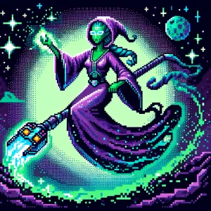 A pixelated alien witch in 8-bit style, with glowing green skin,...