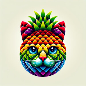 Create a whimsical illustration of a cat face that features a ra...