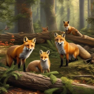 A forest teeming with life, featuring a family of foxes playing near a fallen log, squirrels darting through the trees, and birds nesting overhead. The rich, earthy tones of the forest floor and the dappled sunlight create a lively, natural scene.