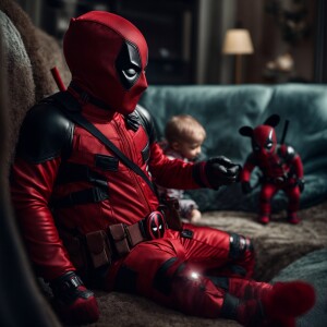 Wearing a Flash fitted suit, pointing at a baby Wearing a fitted...