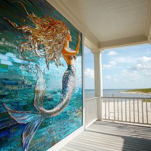 Generate an image of a beachside back porch with the adjacent wa...