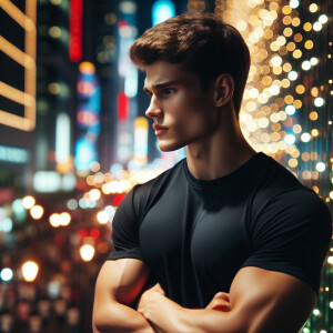 a young man with average muscle with black tshirt is looking at...