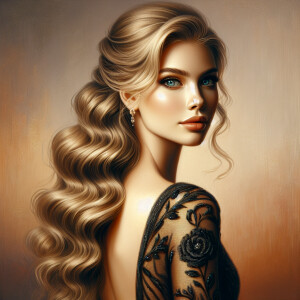 Illustrate a full-length portrait of a woman with flowing blonde...