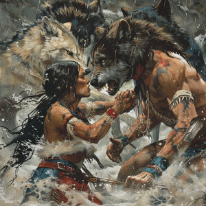 An American Indian couple bravely fending off a pack of wolves