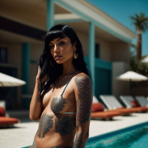 Create an image of a sultry woman with glossy raven-black hair a...