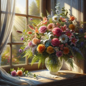 Creating an image of a beautiful bouquet of flowers in a window...