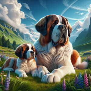 A Female St Bernard with her puppy next to her 3D Photolistic re...