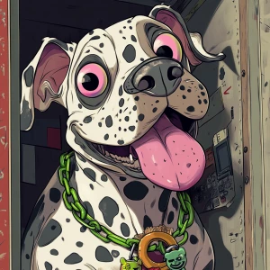 A cartoon-style anthropomorphic dog with a white and gray spotte...