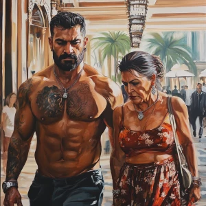 realism art.A sweaty beefy muscular son in law criminal walking...