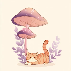 Orange striped cat stretching under pink mushroom, kawaii illust...