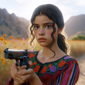 create a 8k, hyper realistic image of a mexican girl holding a 4...