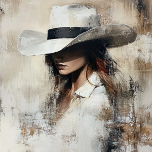 Artistic portrait of a woman wearing a white cowboy hat with a b...