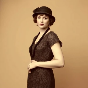 Sepia-toned portrait of a person wearing vintage 1920s attire. T...