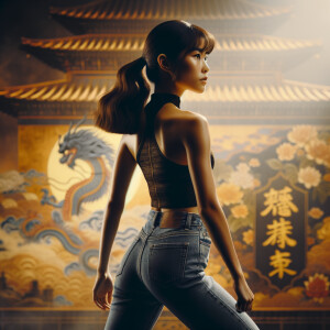 Athletic Thin skinny Attractive, Asian teenage girl, long brown hair and bangs, wearing tight skinny jeans and a halter top paint marks on her clothing, heroic pose Asian graffiti background, backside view