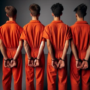 4 Caucasian male teenagers, wearing orange jumpsuits, walk in li...