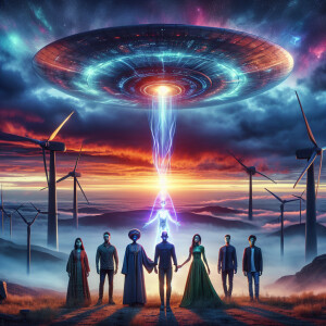 An extraterrestrial figure handing over a glowing device to a gr...