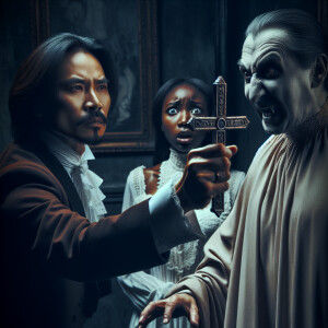 Create a hyper realistic image of a vampire hunter holding a cro...