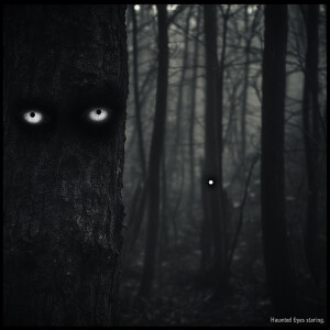 "Haunted forest, ghostly eyes staring."