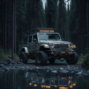 A rugged, beefed-up, lifted up 4x4 with big offload tires, a winch on the front bumper, completly set to deal with Any offload encounter he might come in to in his 4 door Jeep Gladiator with  metalic crysal gray paint equipped for off-road with an overland tent set up, housing a 60-year-old man camping beside a serene lake in a dense woodland.