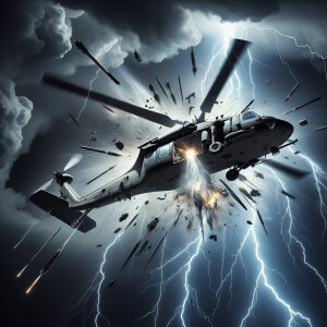 An Army helicopter struck by a missile, the helicopter is breaki...