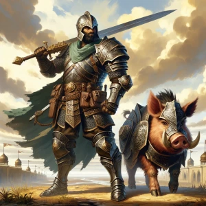 A Dungeons and dragons type knight in armour holding a large shi...