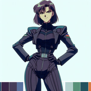 1990s anime screencap, girl a plugsuit, standing with hands on h...