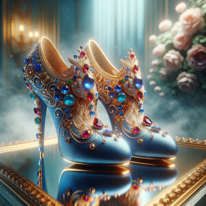 Imagine a pair of enchanting shoes, each a mirror image of the other, placed gracefully upon a regal surface. They are bathed in the soft, diffuse light that casts gentle reflections upon their silk fabric. These shoes are no ordinary footwear; they are a masterpiece of vibrant royal blue, adorned with ornate golden filigree and a multitude of glittering jewels in various hues—rubies, sapphires, emeralds, and delicate pink diamonds. Each shoe boasts an elegant, curved heel in a matching vivid blue, with tiny red and blue gems accenting the base. The shoes are positioned against a backdrop of soft-focus flowers, their pastel colors complementing the rich tones of the shoes, with hints of gold framing providing a touch of opulence. This image captures the essence of a fairy tale brought to life, a visual symphony of color and splendor.