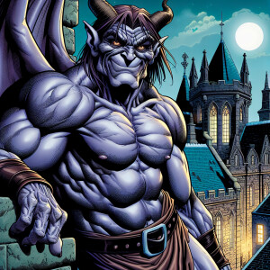 comic style, 8k, a muscular gargoyle with lavender skin, long da...