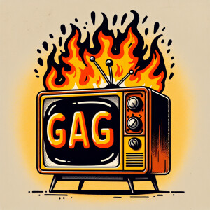Tube TV with the word “GAG” on the screen on fire cartoon logo