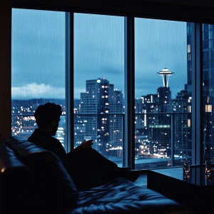 Create a dramatic and atmospheric image of an upscale high-rise...