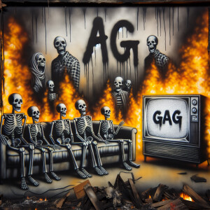 A family of skeletons on a burnt couch looking at a tube TV with...