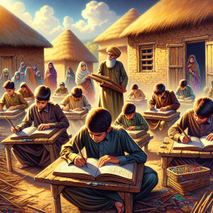 Illustrate a scene depicting Pakistani village students diligent...