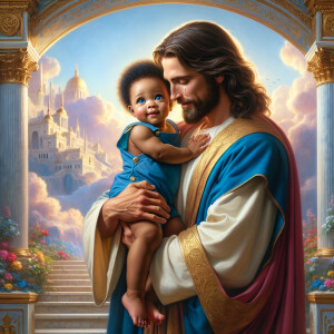 Classical oil painting style depicting an African-American Jesus...