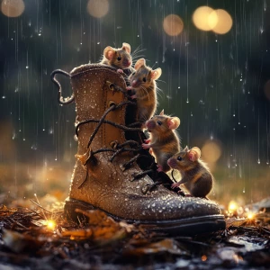 a family of mice scavenging in an old boot in the rain with rain...