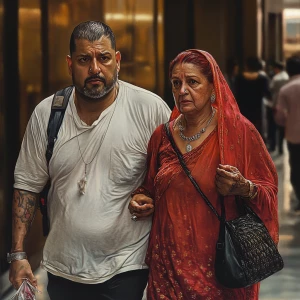 Photorealism,.A sweaty beefy man walking with his 54 year old ka...