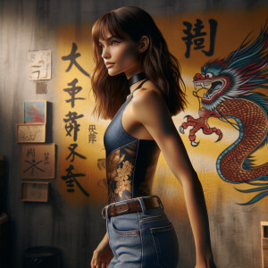 Athletic Thin skinny Attractive, Asian teenage girl, long brown hair and bangs, wearing tight skinny jeans and a halter top paint marks on her clothing, heroic pose Asian graffiti background, backside view