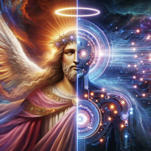 AI Jesus, half Traditional Jesus, half AI Borg. Full of love, th...