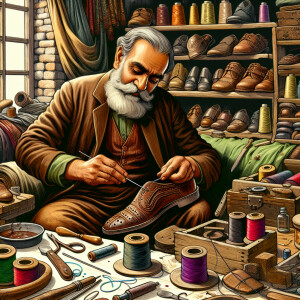 Illustrate a scene of an old-time cobbler skillfully mending a w...