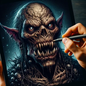 A hauntingly sinister orc looms in the shadows, its twisted feat...
