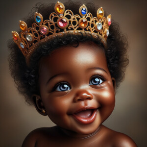 "Create a digital portrait of an adorable african-American baby girl with a joyful expression. She is wearing a gold crown with colorful jewels. Her big, bright blue eyes are wide with wonder, and her tiny mouth is shaped in a happy grin. Her skin has a warm, honey-brown tone, and she has an abundance of thick curly black hair, The background is soft and neutral to keep the focus on her delightful features. The portrait should be vibrant and heartwarming, celebrating the innocence and charm of childhood."