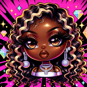 A high-shine African American chibi style woman with deep, rich...