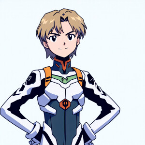 1990s anime screencap, girl a plugsuit, standing with hands on h...