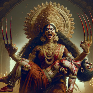 portrait of angry looking goddess durga  carrying an unfit mahishasur in her arms and poking him with her amazingly long red fingernails. She is wearing a huge gold crown, red saree, abundant  gold jewelry, covered in blood. The scene is set in ancient India. The image is 8K resolution, cinematic, ultra detailed face and epic.