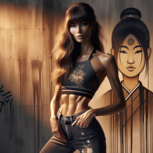 Athletic Thin skinny Attractive, Asian teenage girl, long brown hair and bangs, wearing tight skinny jeans and a halter top paint marks on her clothing, heroic pose Asian graffiti background, side view