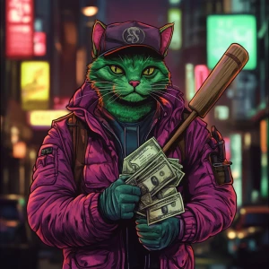 A green gangster cat inspired by Pepe the Frog meme, dressed in...