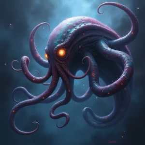 A monstrously tentacled alien with shimmering metallic skin drif...