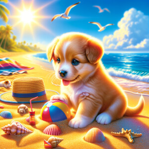Hyper realistic, cute puppy, enjoying summer vibes at the beach