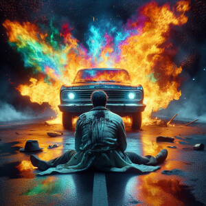A defeated man sits facing a burning car engulfed in rainbow fla...