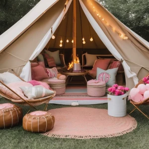 Organize a girls' glamping birthday party featuring a spacious bell tent adorned with a beach theme and festive birthday embellishments. Arrange the setting on a picturesque farm, complete with a cozy lounge area and a fire pit for evening relaxation.